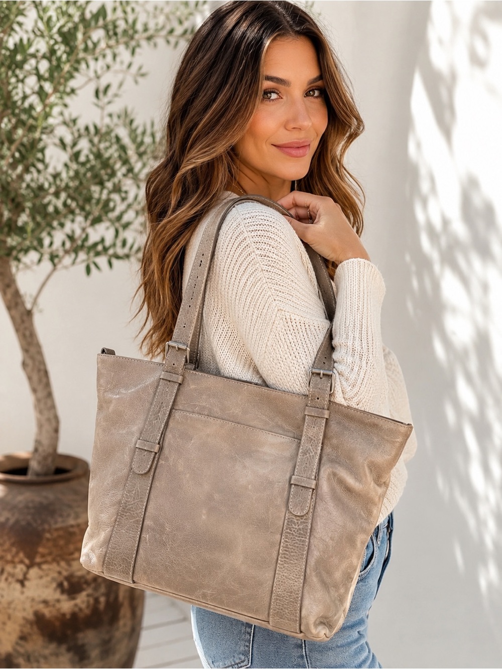 Nino Bossi Genuine Leather Taupe Tote Bag Floral Lined Shoulder Purse